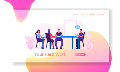 Poster - Board Meeting in Office Website Landing Page. Business Director and Employees Planing Start Up Project and Solve Finance Problems. Brainstorming Group Web Page Banner. Cartoon Flat Vector Illustration