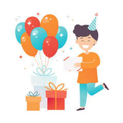 Sticker - Boy in an orange shirt with a gift. Vector illustration.