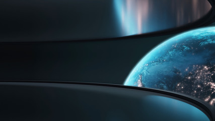 Poster - 3d rendering of planet earth with glowing light from cities and atmosphere. wide angle view from spa