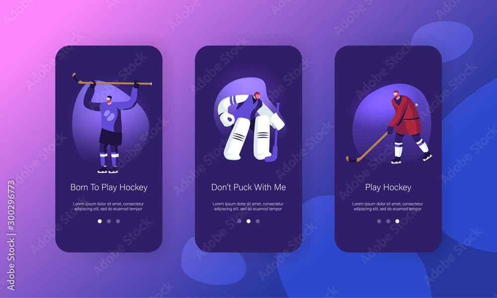 Hockey Game Competition on Ice Rink Mobile App Page Onboard Screen Set. Player Hit Puck, Goalkeeper Protect Gates. Sports Tournament Concept for Website or Web Page, Cartoon Flat Vector Illustration - obrazy, fototapety, plakaty 