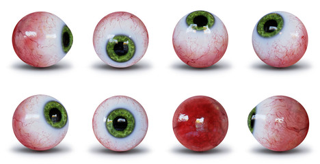 set of human eyeballs with green iris isolated with shadow on white background