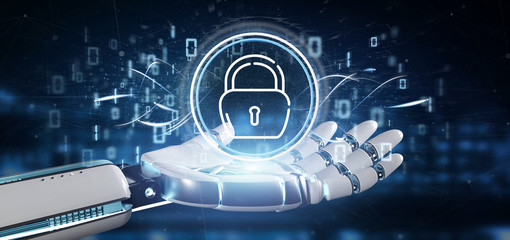 Poster - Cyborg holding Security padlock wheel icon with stats and binary code 3d rendering