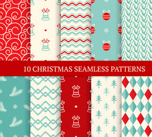 Ten Christmas Different Seamless Patterns. Xmas Endless Texture For Wallpaper, Web Page Background, Wrapping Paper And Etc. Retro Style. Waves, Curved Lines, Fir Branches, Christmas Balls And Bells