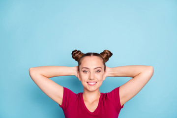 Canvas Print - Photo of cheerful positive cute nice pretty sweet girlfriend smiling toothily lying beneath empty space enjoying weekends isolated pastel color blue background