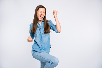 Poster - Portrait of her she nice attractive lovely pretty overjoyed satisfied cheerful cheery positive girl having fun rejoicing isolated over light white color background