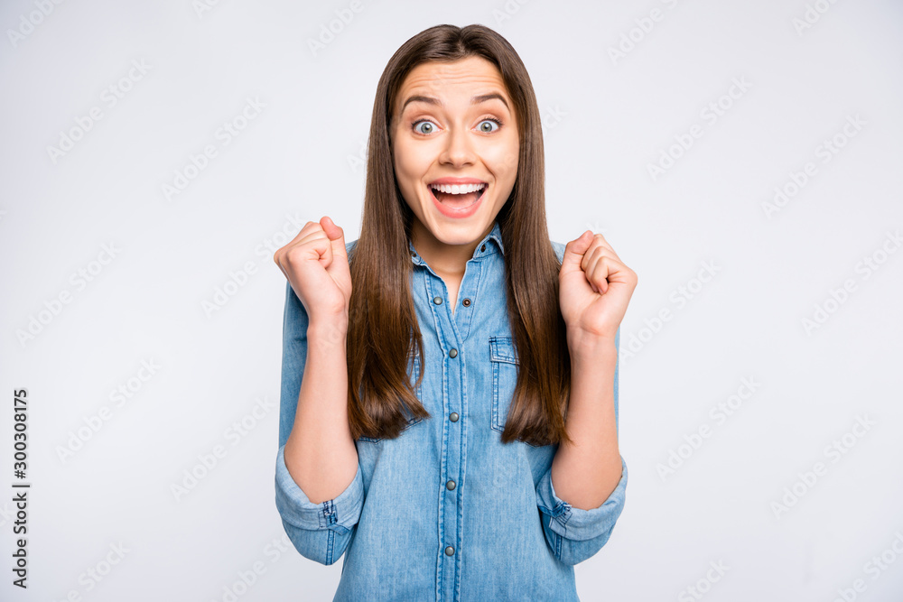 Close-up portrait of her she nice attractive lovely cute pretty glad excited cheerful cheery positive girl holding fists waiting gift isolated over light white color background - obrazy, fototapety, plakaty 