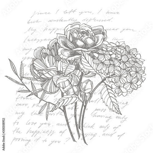 Bouquet. Spring Flowers and twigs. Peonies, Hydrangea, Rose. Vintage botanica...