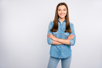 Portrait of confident cool worker girl cross her hands feel she real successful professional wear casual style clothes isolated over white color background