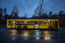 Yellow Bus In The Forest At The Evening.