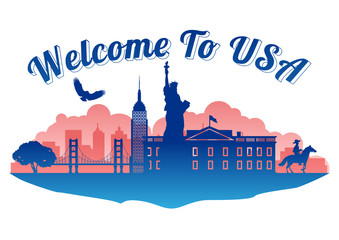 Wall Mural - USA top famous landmark silhouette style on island  famous landmark silhouette style,welcome to usa,travel and tourism,vector illustration