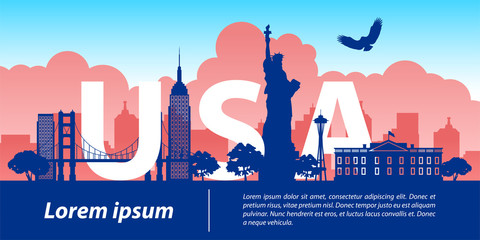 Wall Mural - usa  top famous landmark silhouette style,USA text within,travel and tourism,vector illustration