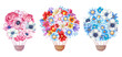 Watercolor holiday hot air balloons set. Decorated with flowers