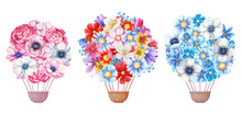 Watercolor Holiday Hot Air Balloons Set. Decorated With Flowers