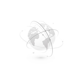 Poster - Global network world concept vector background. Technology globe with continents map and connection lines, dots and point. Digital data planet design in simple flat style, monochrome color