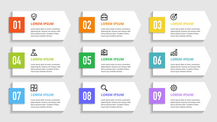 Wall Mural - nine colorful numbers or figures and rectangular elements or cards with place for text. infographic 