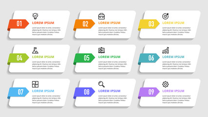 Wall Mural - nine colorful numbers or figures and rectangular elements or cards with place for text. infographic 