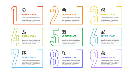 nine colorful numbers or figures and rectangular elements or cards with place for text. infographic 