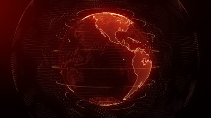 Wall Mural - Futuristic red digital Earth America skyline. Global data network around planet in modern age. Worldwide internet and blockchain. Technology, connectivity, science and business concept 3D render