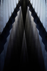 Poster - Metal grid, lath or louvered structure of girders. Abstract construction and architecture photo with polygonal pattern and parallel lines. Closeup of industrial building exterior or interior framework