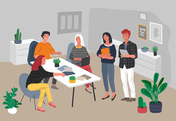 Wall Mural - Office or coworking interior workers sitting at desks and communicating, teamwork meeting. Successful team gathering. Group of young people, startup company at workplace. Vector cartoon