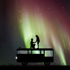 Sticker - Lovers on roof of retro car at night. Romantic marriage proposal. Vector illustration with silhouette of loving couple. Family road trip. Northern lights in starry sky. Colorful aurora borealis