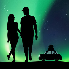 Sticker - two lovers walk on beach at night. vector illustration with silhouette of loving couple and cartoon 
