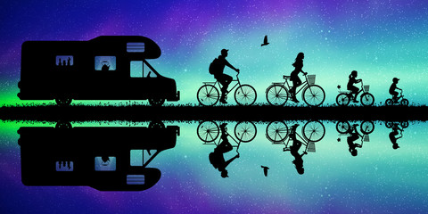 Poster - Family on bikes and retro car at night. Active rest of parents with children. Vector illustration with silhouettes of cyclists on campsite. Northern lights in starry sky. Colorful aurora borealis