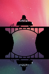 Wall Mural - Retro car on bridge at night. Vector illustration with silhouettes of woman and dog traveling in camper. Family road trip. Northern lights in starry sky. Colorful aurora borealis