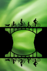 Poster - People on bikes on bridge at night. Vector illustration with silhouettes of cyclists and running dog. Family road trip. Northern lights in starry sky. Colorful aurora borealis