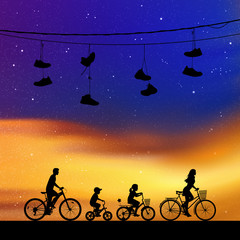 Poster - Family on bikes under shoes on wires at night. Vector illustration with silhouettes of cyclists. Family road trip. Northern lights in starry sky. Colorful aurora borealis