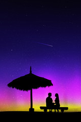 Sticker - lovers sitting on sand under straw umbrella at night. vector illustration with silhouette of couple 