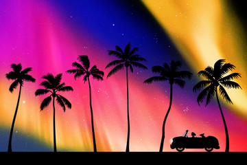 Sticker - Retro car on palm beach at night. Vector illustration with silhouettes of woman and dog traveling in camper. Family road trip. Northern lights in starry sky. Colorful aurora borealis