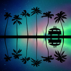 Sticker - Retro car on palm beach at night. Vector illustration with silhouettes of people and cat traveling in camper. Family road trip. Northern lights in starry sky. Colorful aurora borealis