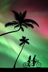 Sticker - lovers on bike tandem under palm trees at night. vector illustration with silhouettes of cyclists on