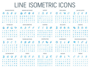 Vector illustration of isometric line icons for business, bank, social media market, logistics, internet technology, shop, education, sport, healthcare, art and construction. Blue 3d web symbols set.