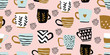 Seamless pattern with cups of coffee, scandinavian