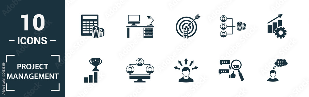 Project Management icon set. Include creative elements goal seeking ...