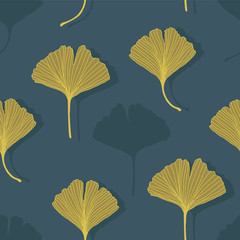 Wall Mural - Floral decorative seamless pattern with golden ginkgo biloba leaves on dark blue background. Endless background can be used for wallpaper, pattern fills, textile, web page , textures. Vector Eps 10