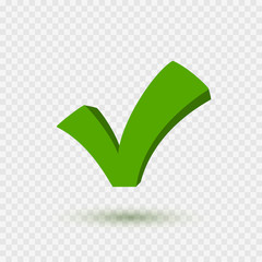 Check mark icon. Symbol Yes or OK button for correct, vote. Checkbox sign isolated on transparent background. Vector green checkmark element.