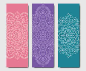 Set of design yoga mats. Floral and mandala pattern in oriental style for decoration sport equipment. Colorful ethnic Indian ornaments for spiritual serenity. Decor of business card, poster, print.