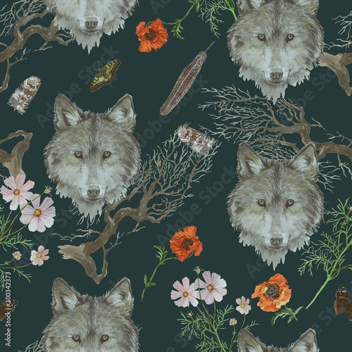 Cotton fabric Seamless watercolor pattern with wolf heads, flowers, branches.