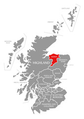 Moray red highlighted in map of Scotland UK