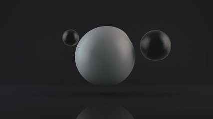Poster - 3D animation of interaction between a large white sphere and two small white ones that move side by side. The white sphere contains an object bursting out inside. 4K animation for banners and screensa