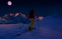 Scenic Night Backcountry Ski Panorama Sunset Landscape Of Crans-Montana Range In Swiss Alps Mountains With Peak In Background, Verbier, Switzerland.