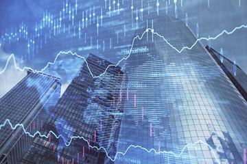 Fototapete - Forex chart on cityscape with skyscrapers wallpaper multi exposure. Financial research concept.