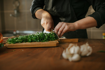 Canvas Print - Closeup of female chef's hands preparing a recipe in the kitchen with vegetables. Woman cook chopping spinach leaves for vegetarian dish.