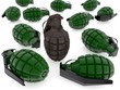 Rusty hand grenade among green hand grenades