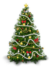christmas tree with colorful ornaments isolated on white background - detailed colored illustration 