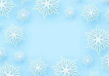 Winter Background With Paper Snowflakes. Light Blue Design. Flakes With Shadow Effect. Copy Space.