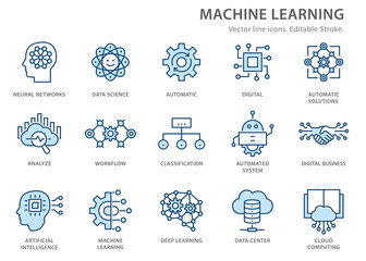 Poster - machine learning line icons set. vector illustration. editable stroke.